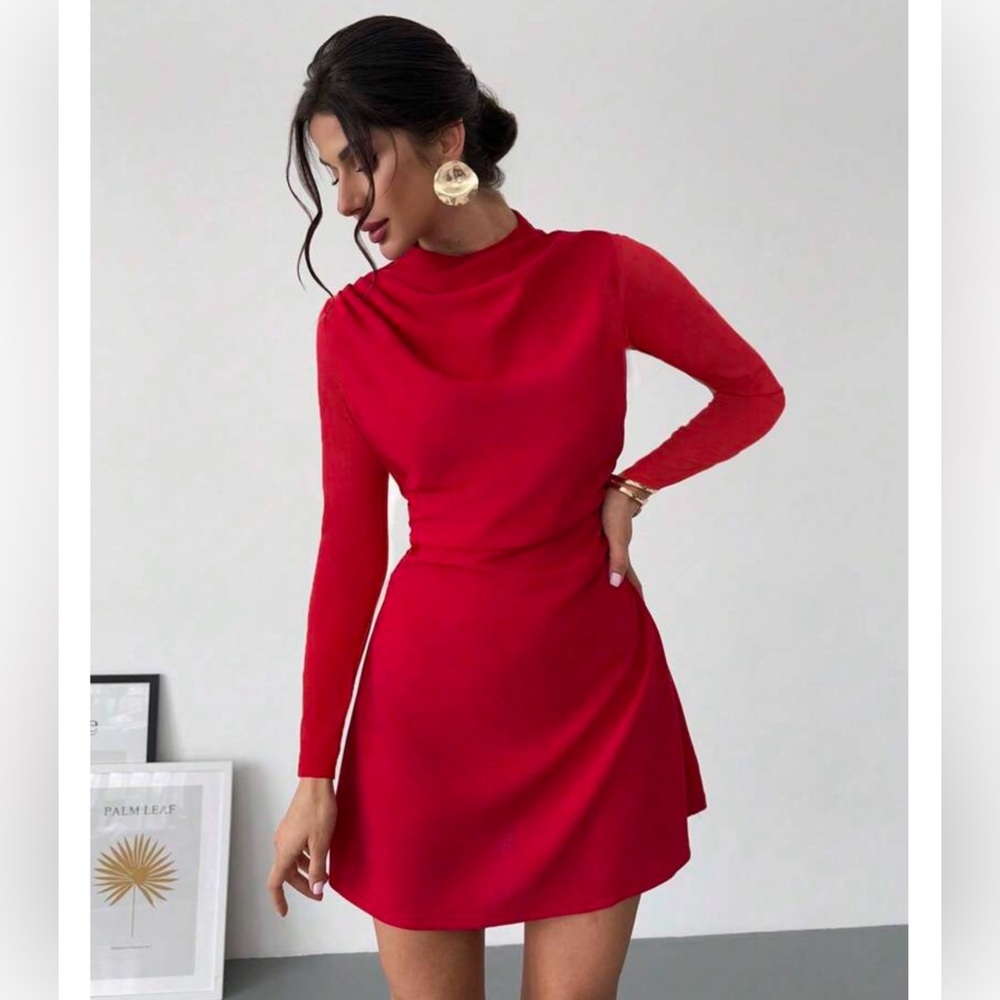 Elegant Red High Neck Ruched Waist Long Sleeve Mini Dress